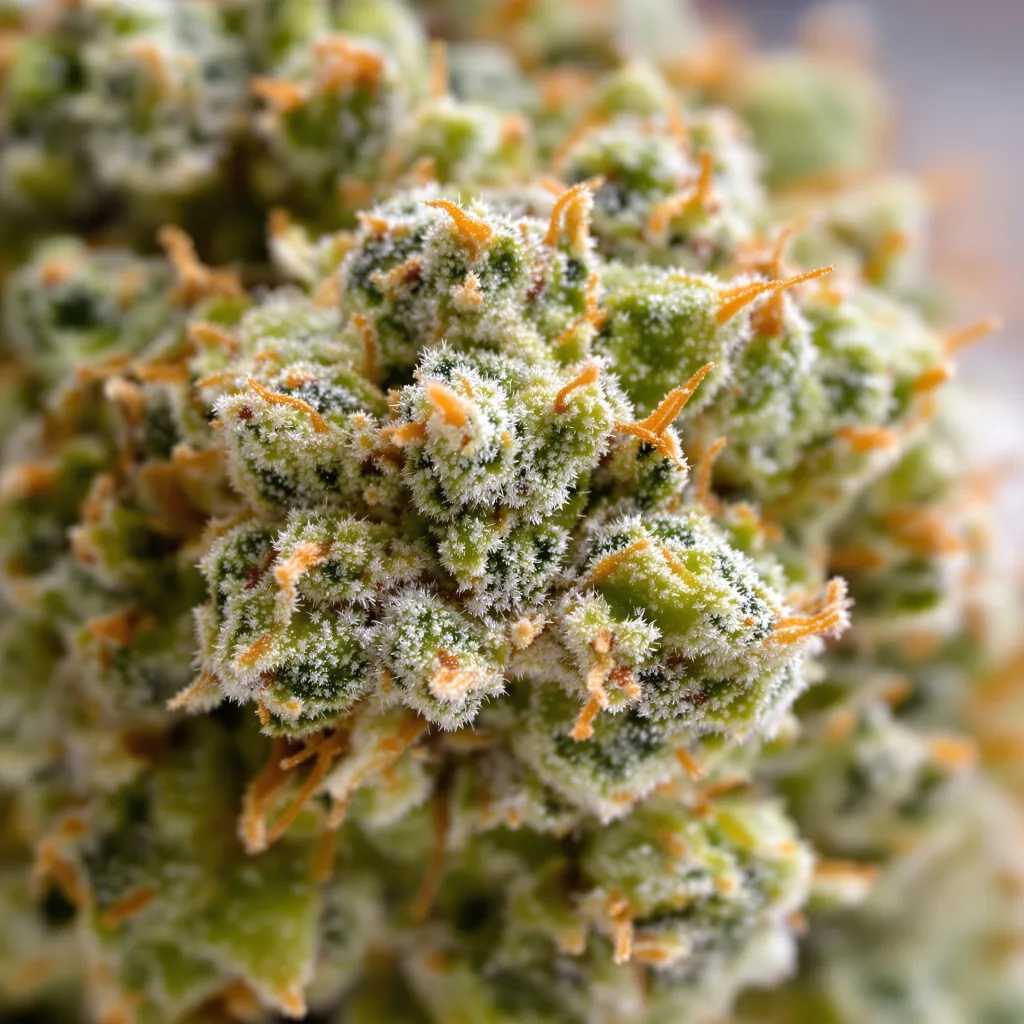 Gros plan de fleur de cannabis Golden Gate Haze montrant structure aérée vert lime
