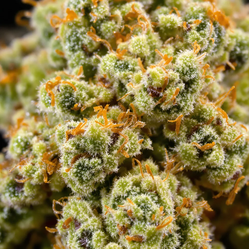 Gros plan de fleur de cannabis Golden Goat montrant structure aérée vert lime