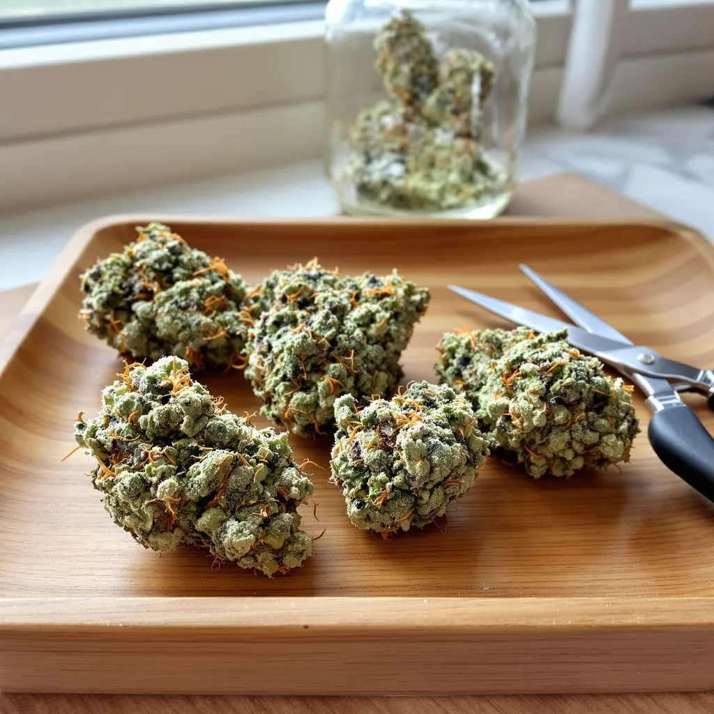 Golden Nugget 37% indica / 63% sativa — fleur avec trichomes visibles