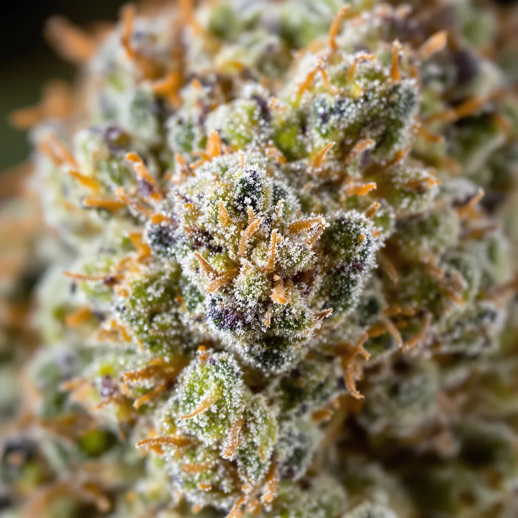 Gros plan de fleur de cannabis Golden Nugget montrant structure ouverte avec pistils orangés