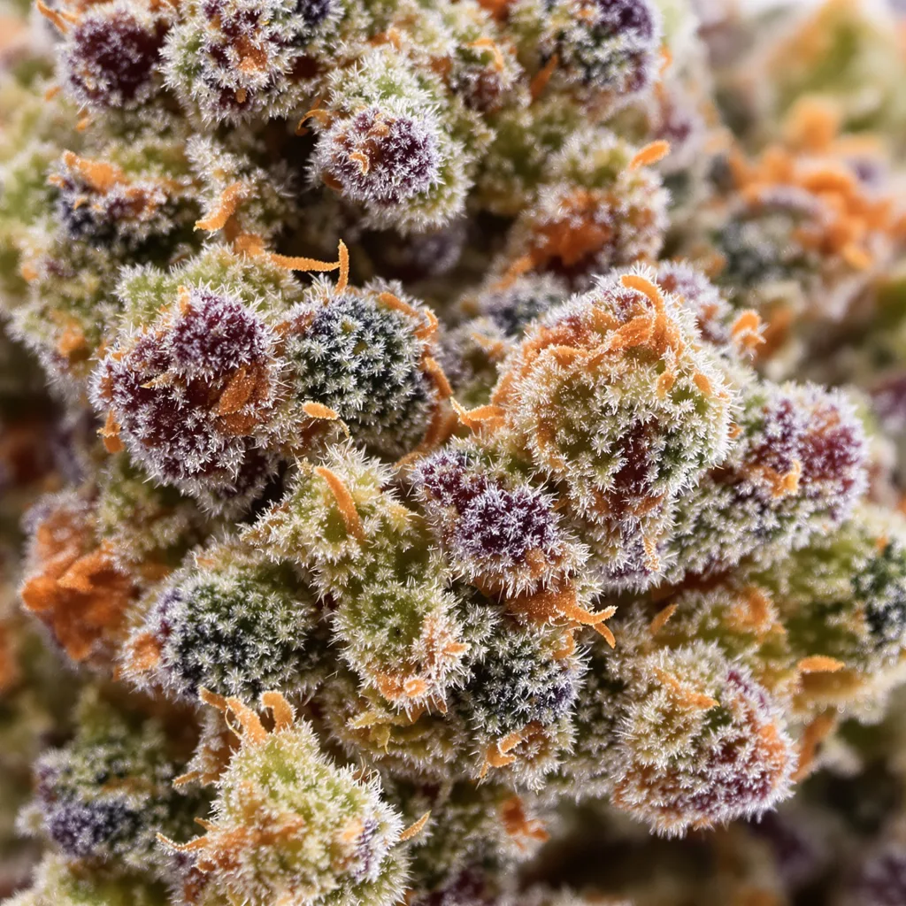 Gros plan de fleur de cannabis Golden Nugget montrant structure ouverte avec pistils orangés
