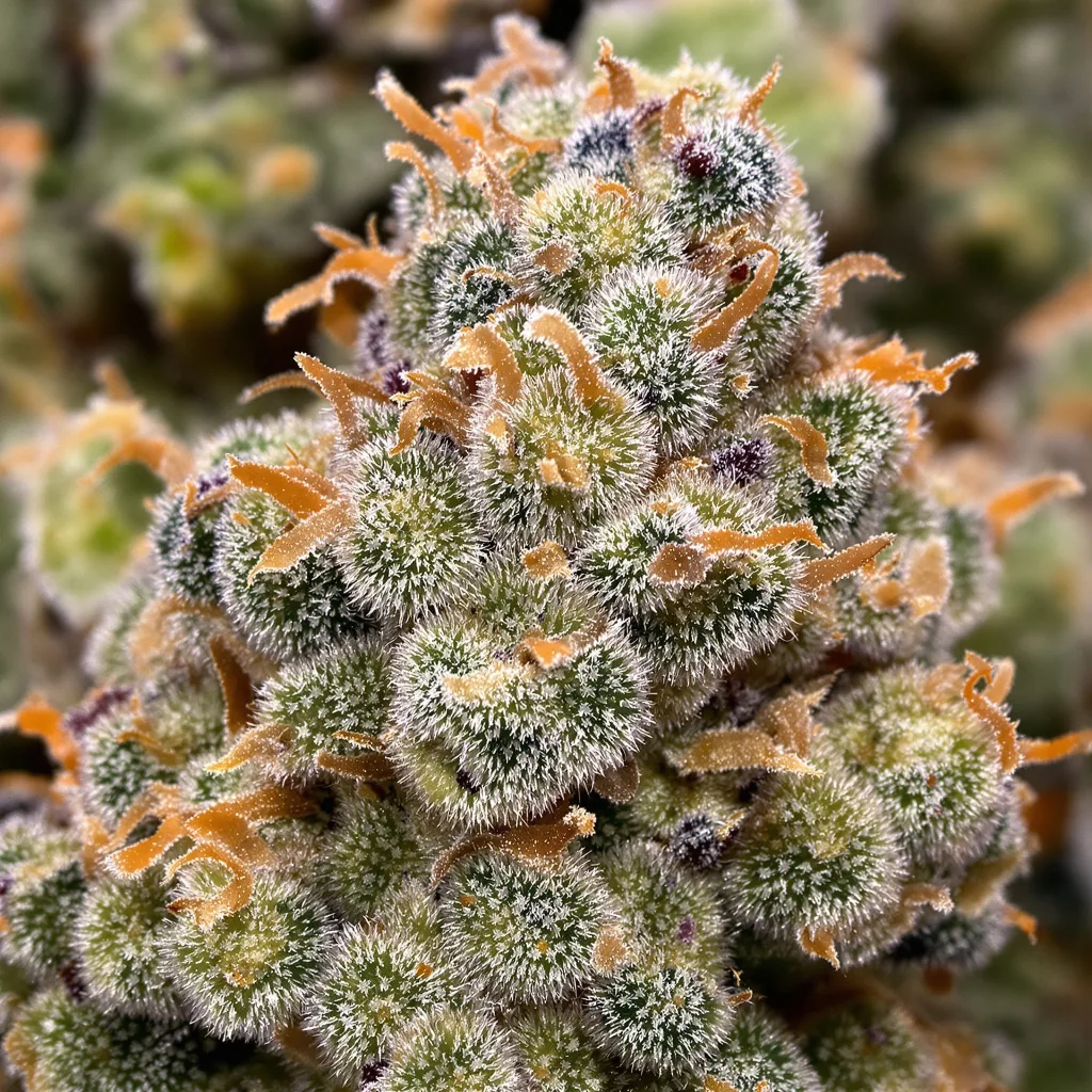 Gros plan de fleur de cannabis Golden Pineapple montrant structure équilibrée avec trichomes givrés
