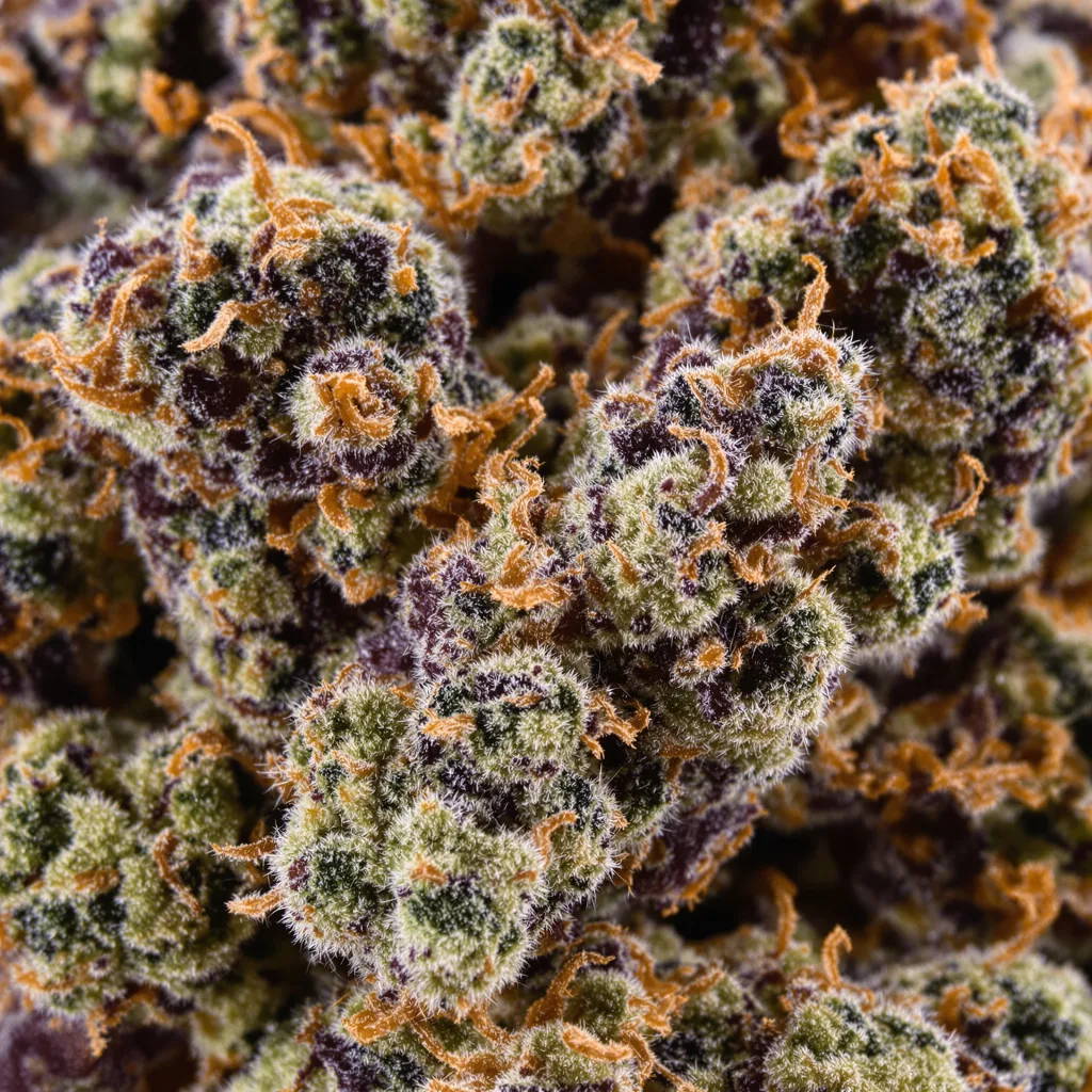 Gros plan de fleur de cannabis Goo montrant calices denses aux reflets violets