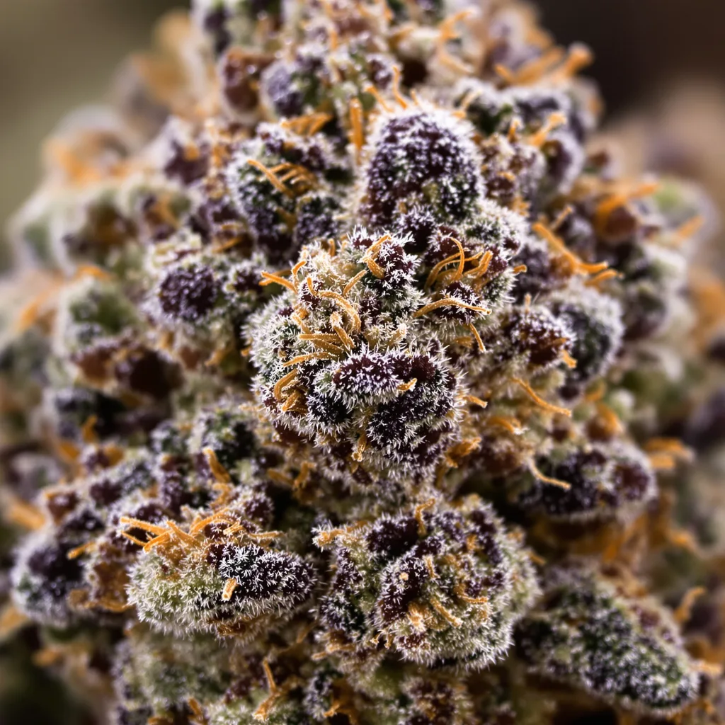 Gros plan de fleur de cannabis Gorilla Cookies montrant calices denses aux reflets violets