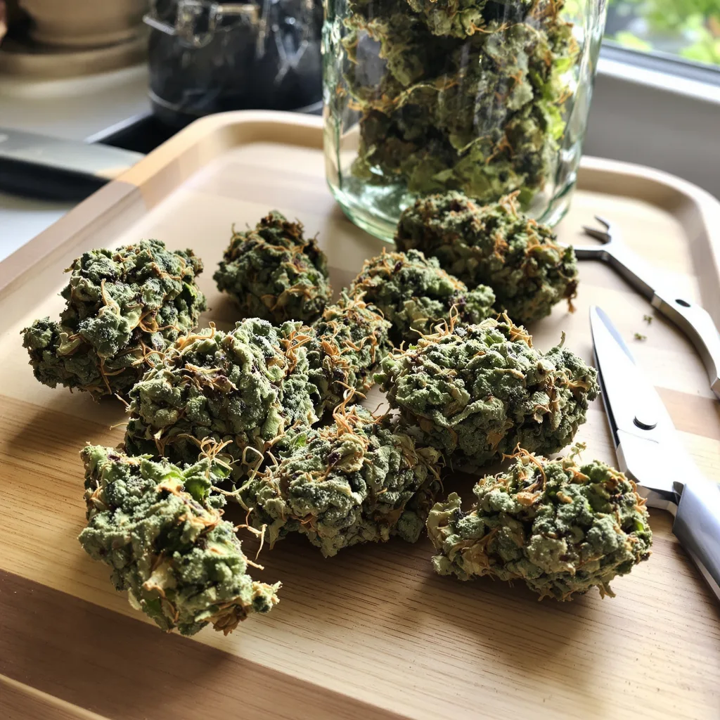 Gorilla Glue 51% indica / 49% sativa — fleur avec trichomes visibles