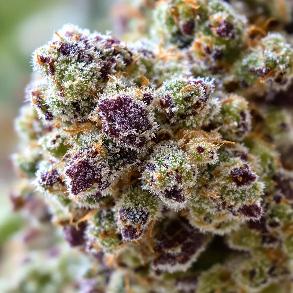 Gros plan de fleur de cannabis Gorilla Glue montrant structure équilibrée avec trichomes givrés
