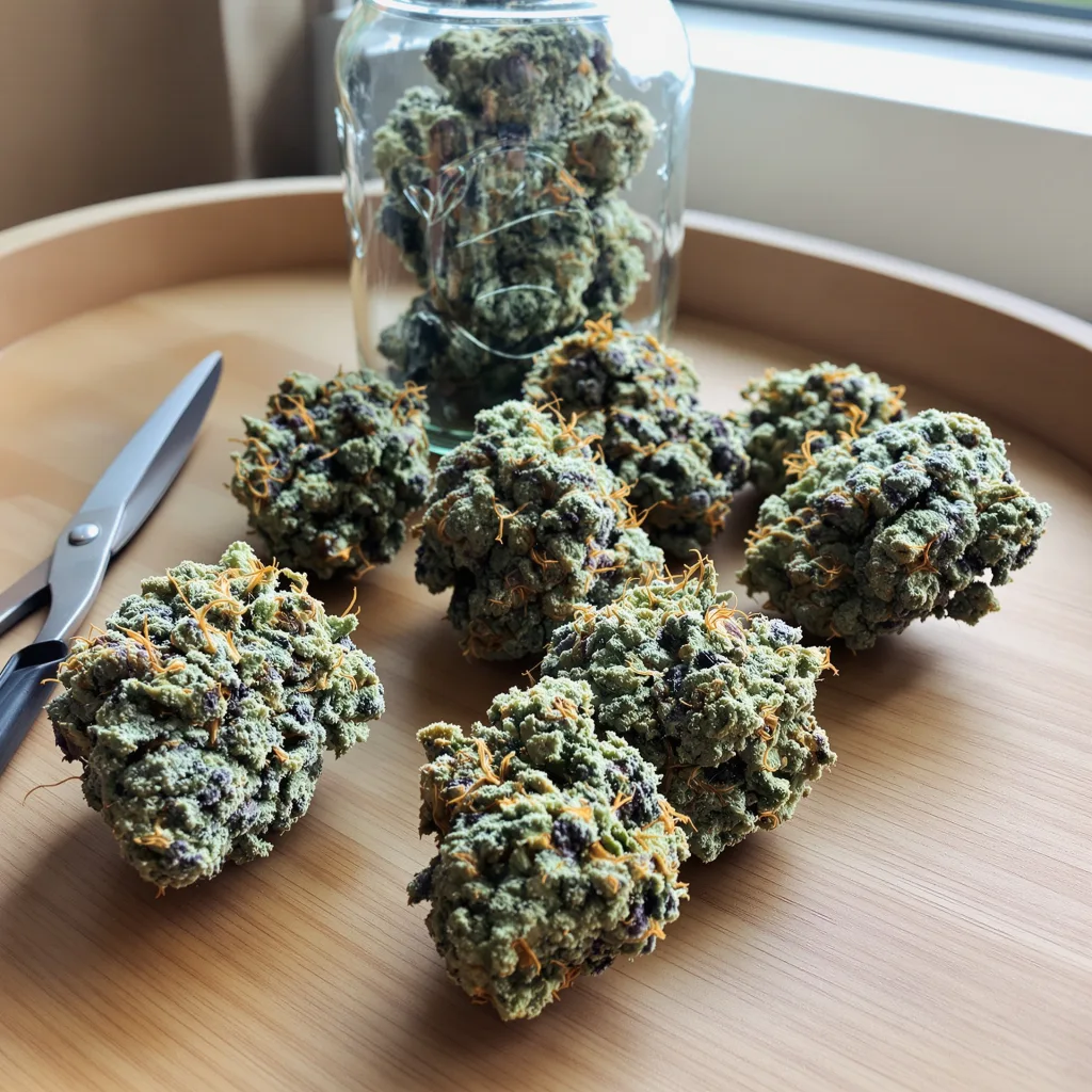 Gorilla Glue 51% indica / 49% sativa — fleur avec trichomes visibles