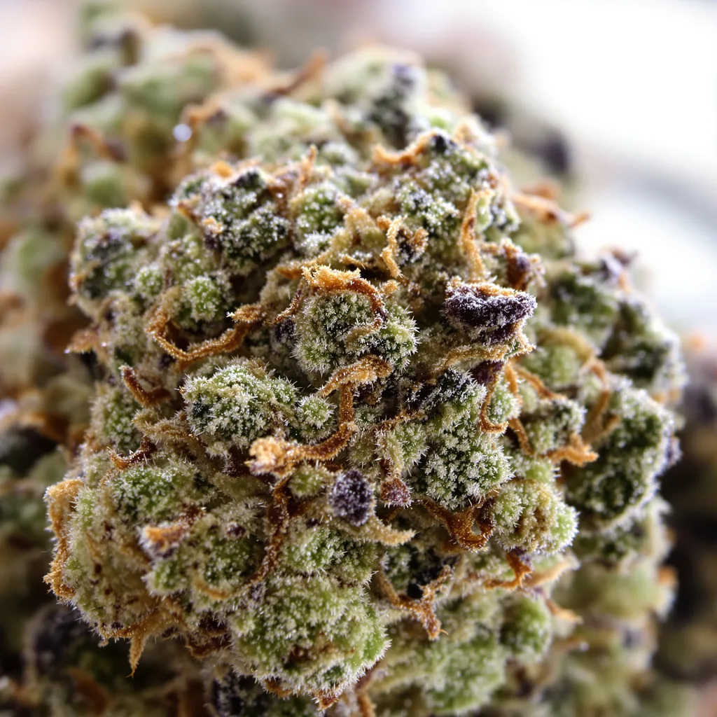 Gros plan de fleur de cannabis Gorilla Glue montrant structure équilibrée avec trichomes givrés