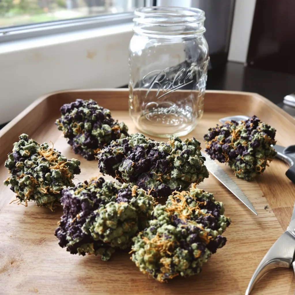 Grand Doggy Purps 68% indica / 32% sativa — fleur avec trichomes visibles