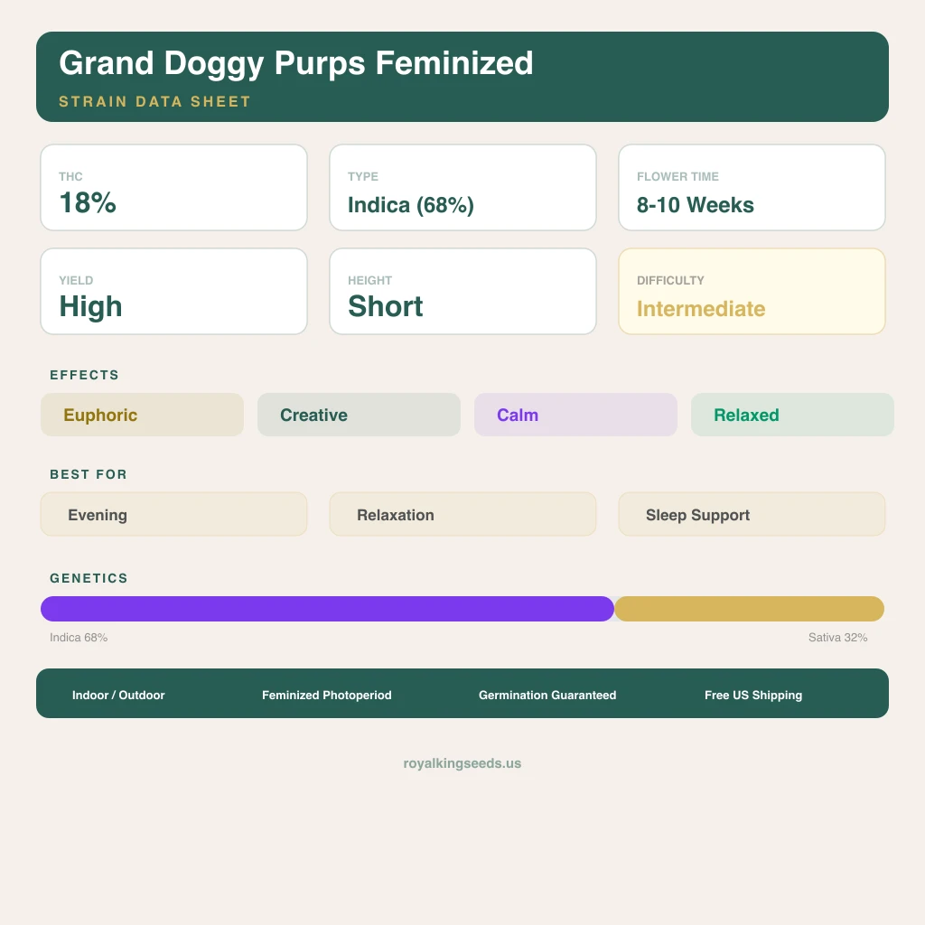Grand Doggy Purps 68% indica / 32% sativa — fleur avec trichomes visibles
