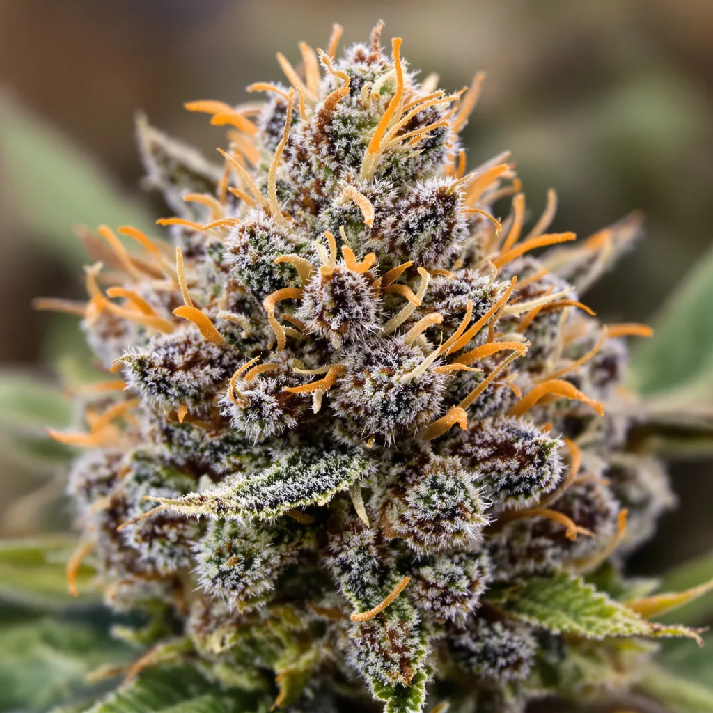 Gros plan de fleur de cannabis Grand Doggy Purps montrant calices denses aux reflets violets
