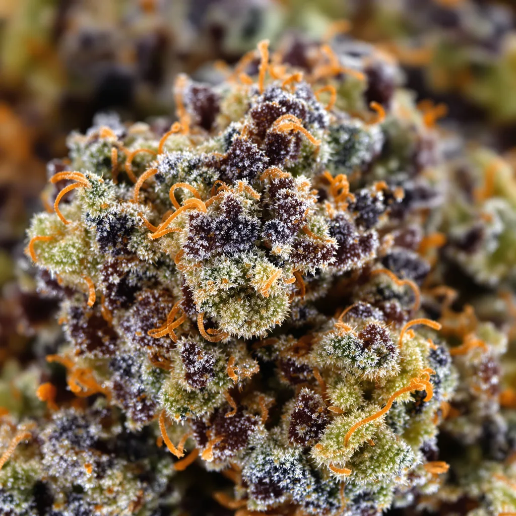 Gros plan de fleur de cannabis Grand Hindu montrant calices denses aux reflets violets