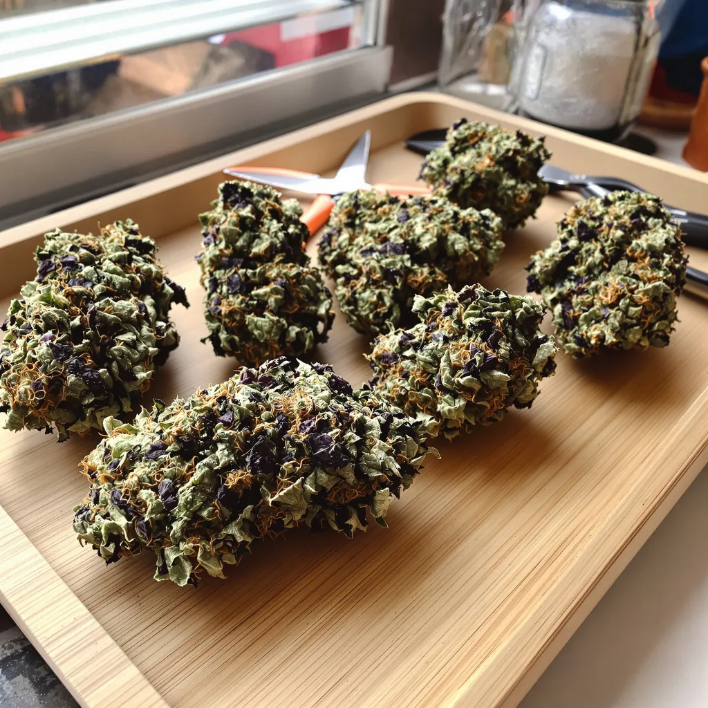 Granddaddy Purple 80% indica / 20% sativa — fleur avec trichomes visibles