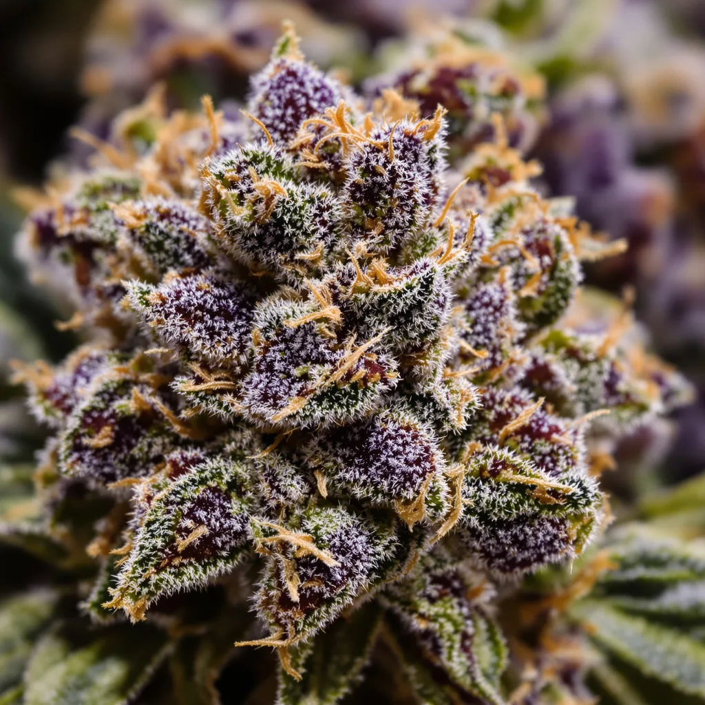 Gros plan de fleur de cannabis Granddaddy Purple montrant calices denses aux reflets violets