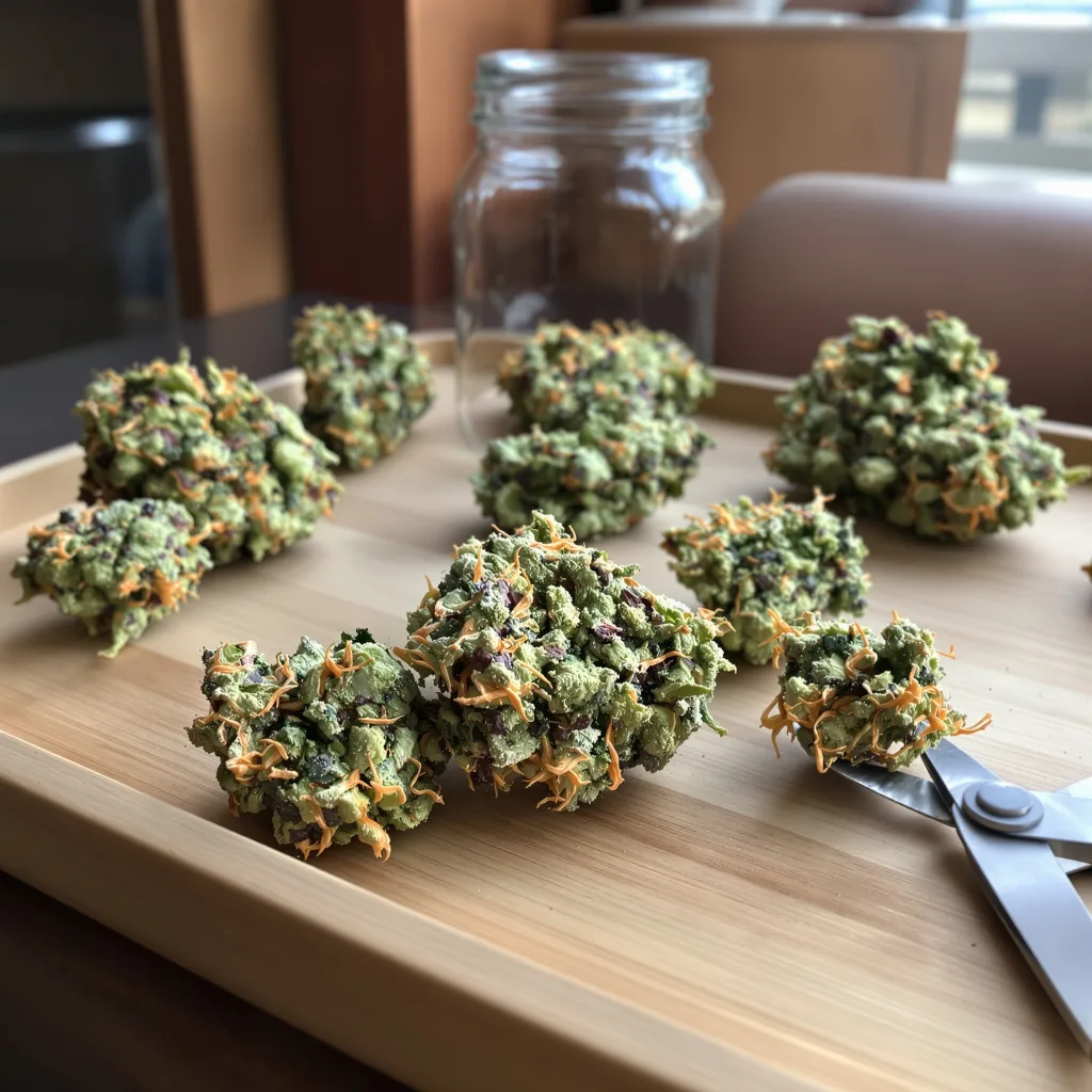 Grandmas Sugar Cookies 58% indica / 42% sativa — fleur avec trichomes visibles