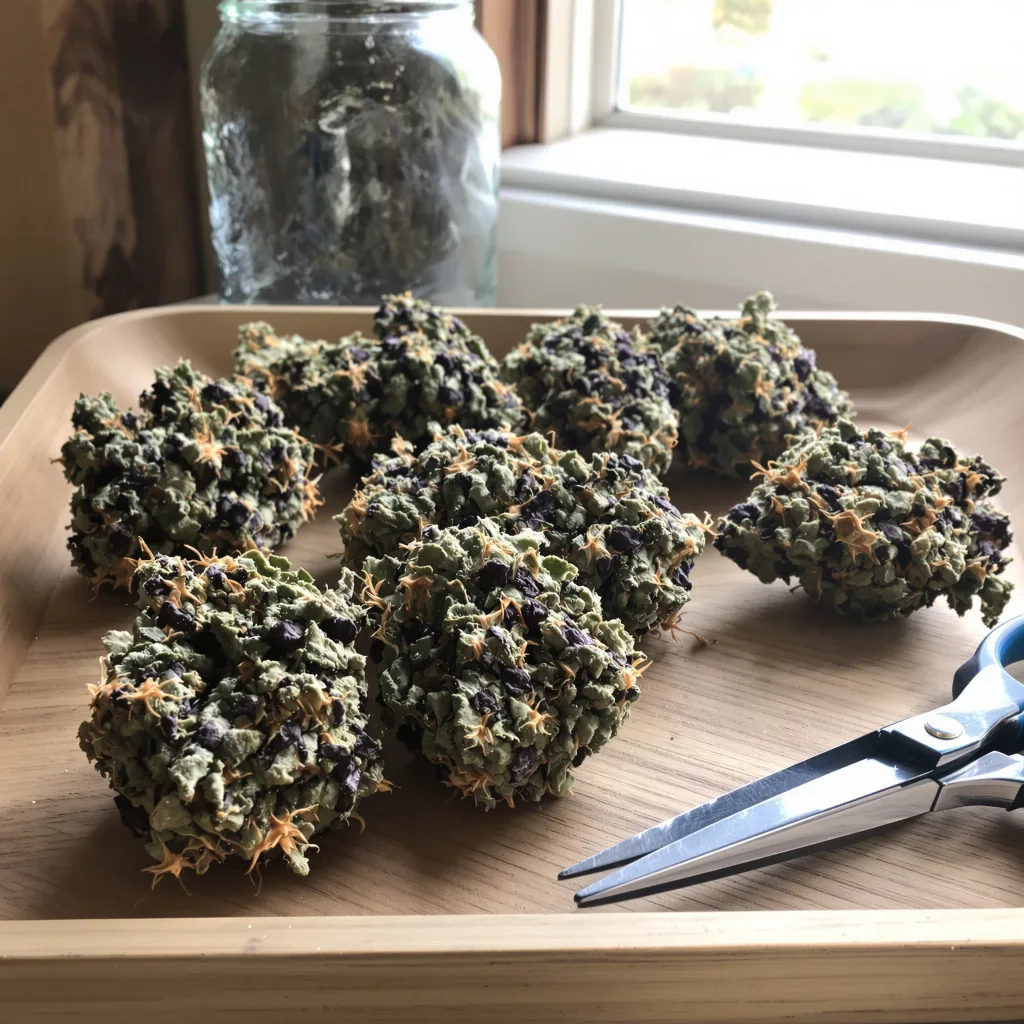 Grandmommy Purple 76% indica / 24% sativa — fleur avec trichomes visibles