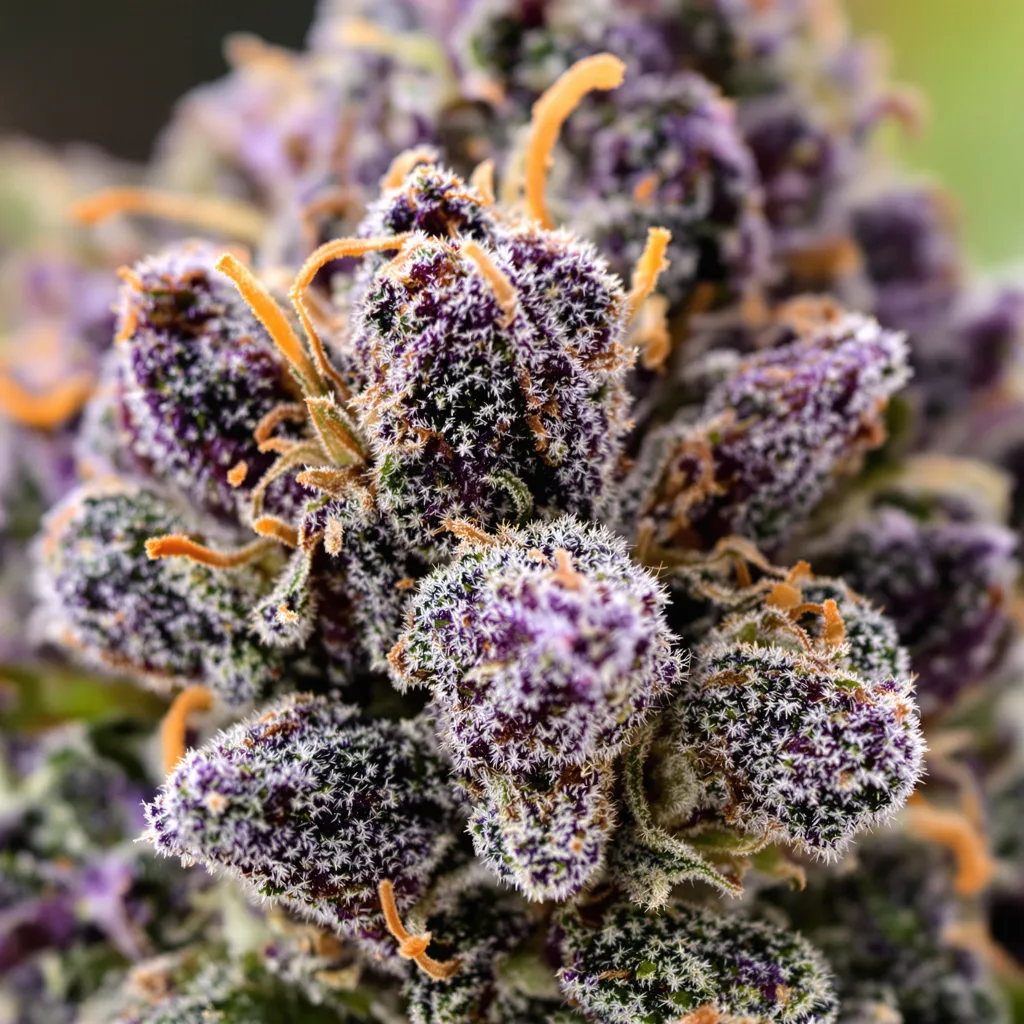 Gros plan de fleur de cannabis Grandmommy Purple montrant calices denses aux reflets violets