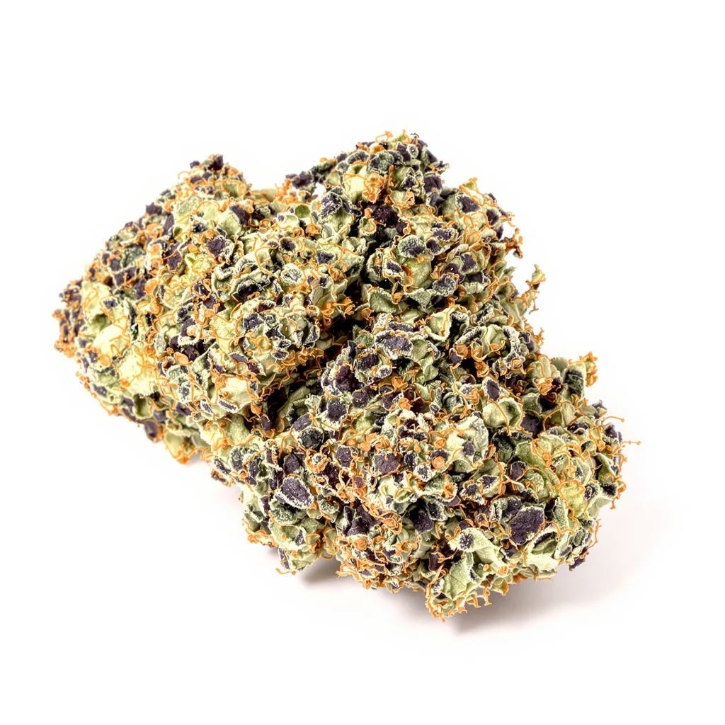 Grandmommy Purple 76% indica / 24% sativa — fleur avec trichomes visibles
