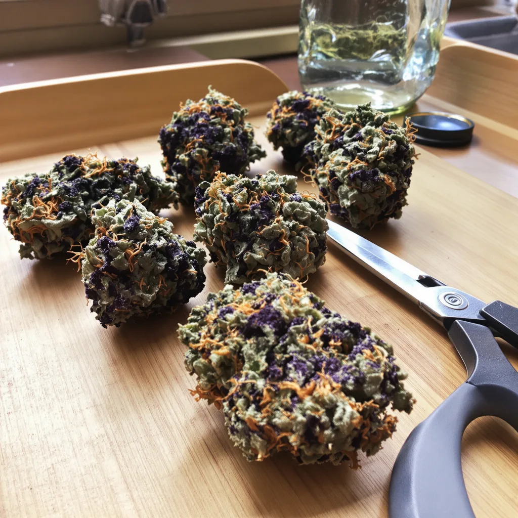 Grandpa Larry OG 76% indica / 24% sativa — fleur avec trichomes visibles