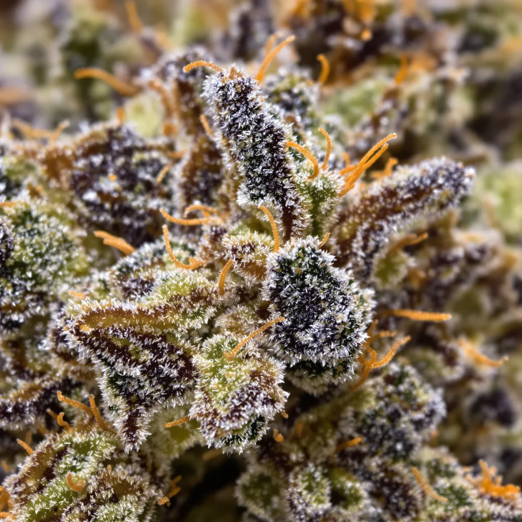 Gros plan de fleur de cannabis Grandpa Larry OG montrant calices denses aux reflets violets