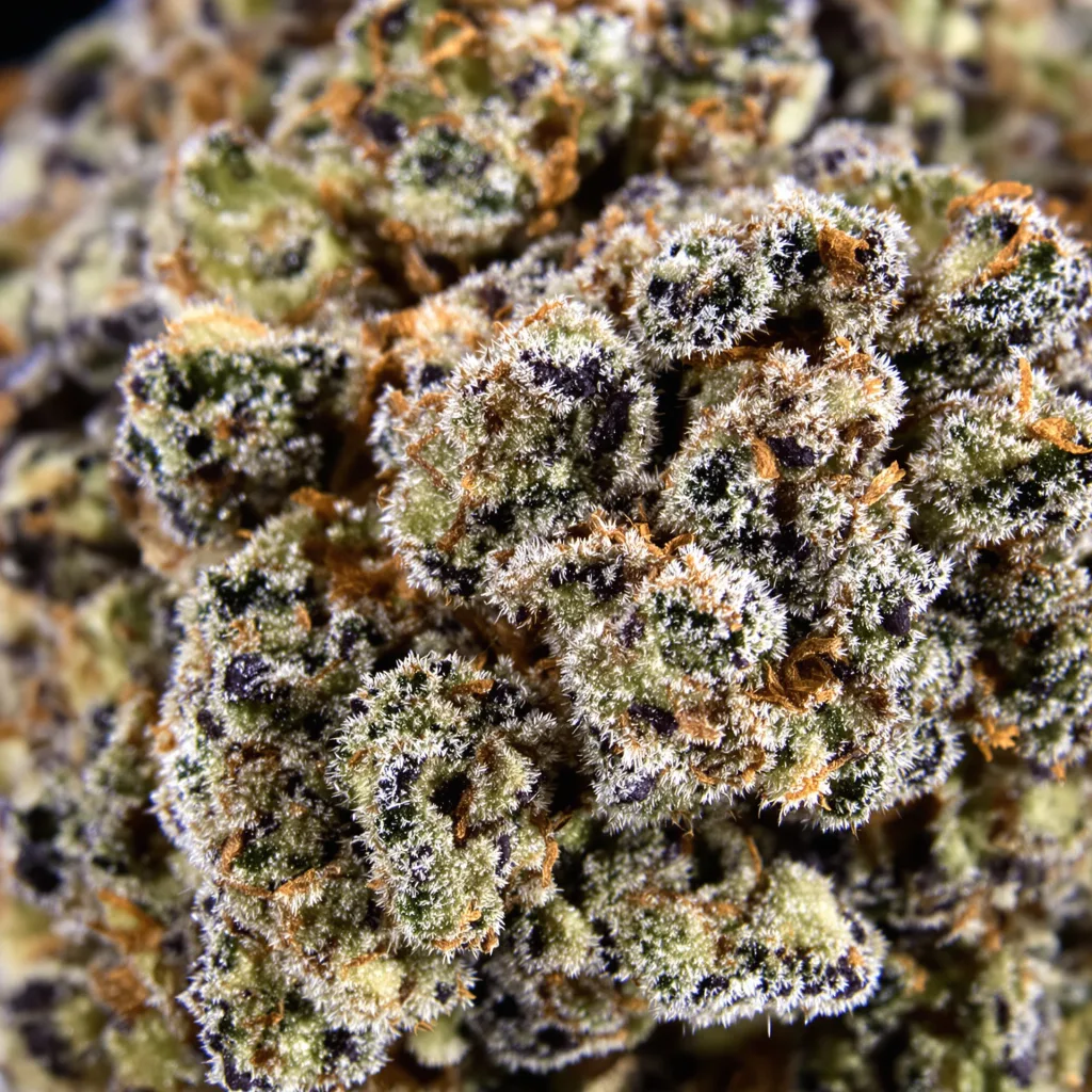 Gros plan de fleur de cannabis Grape Ape montrant calices denses aux reflets violets