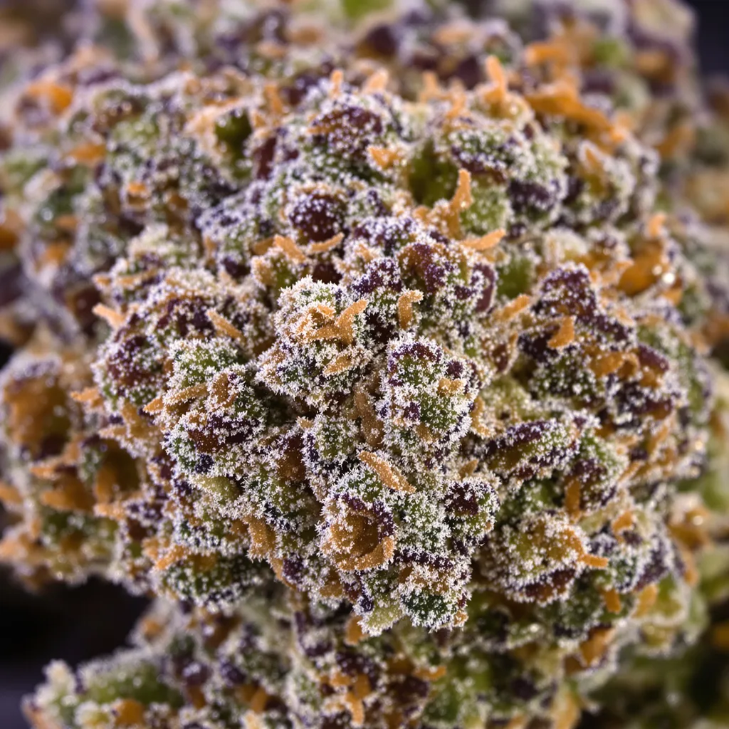 Gros plan de fleur de cannabis Grape Cookies montrant calices denses aux reflets violets