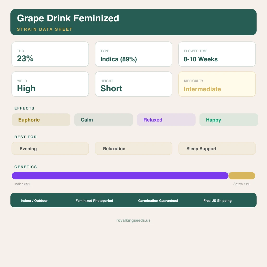 Grape Drink 89% indica / 11% sativa — fleur avec trichomes visibles