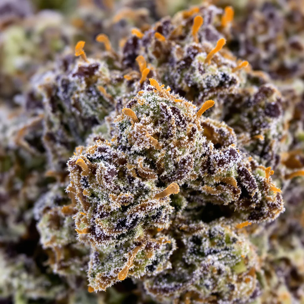 Gros plan de fleur de cannabis Grape Drink montrant calices denses aux reflets violets