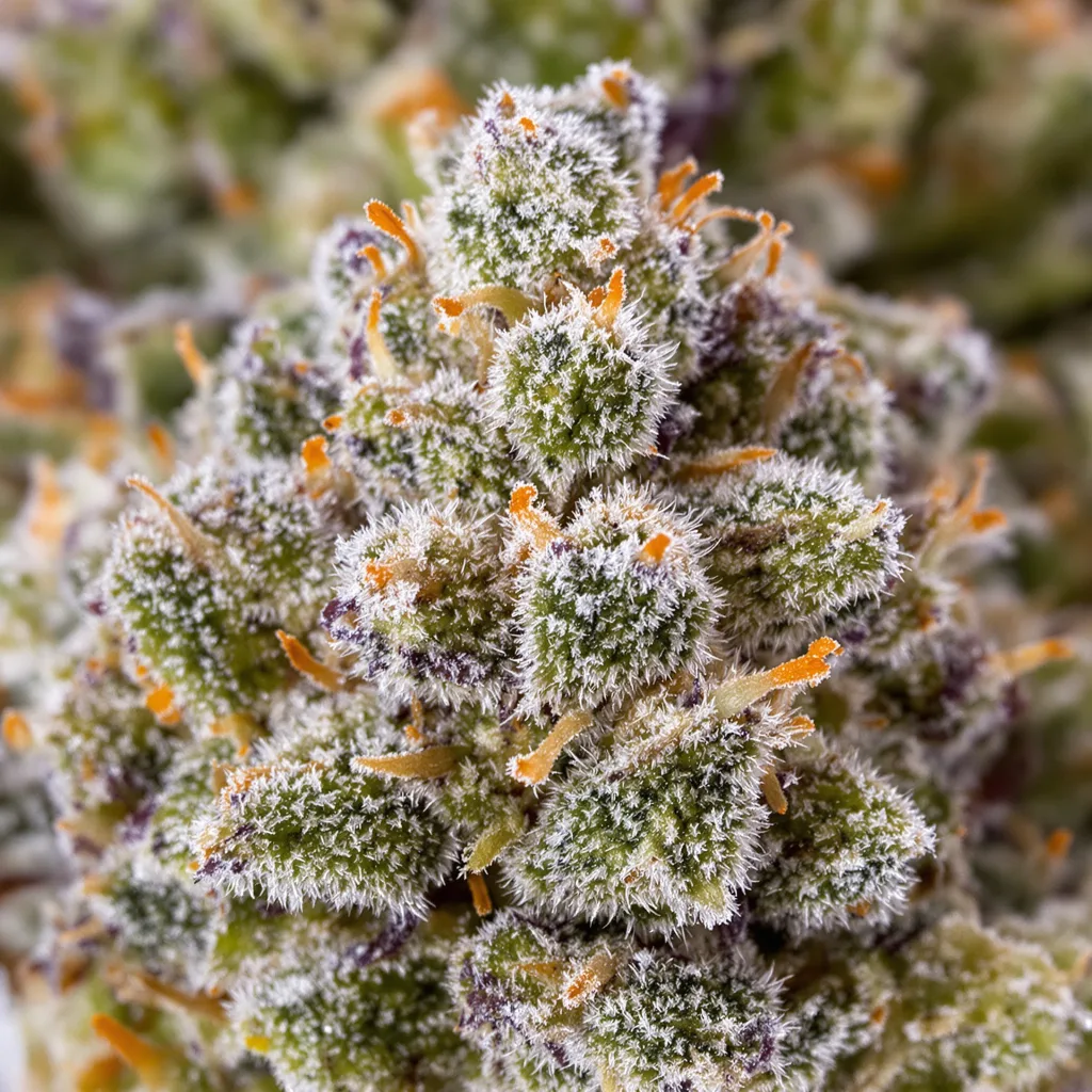 Gros plan de fleur de cannabis Grape Gas montrant nugs denses vert forêt