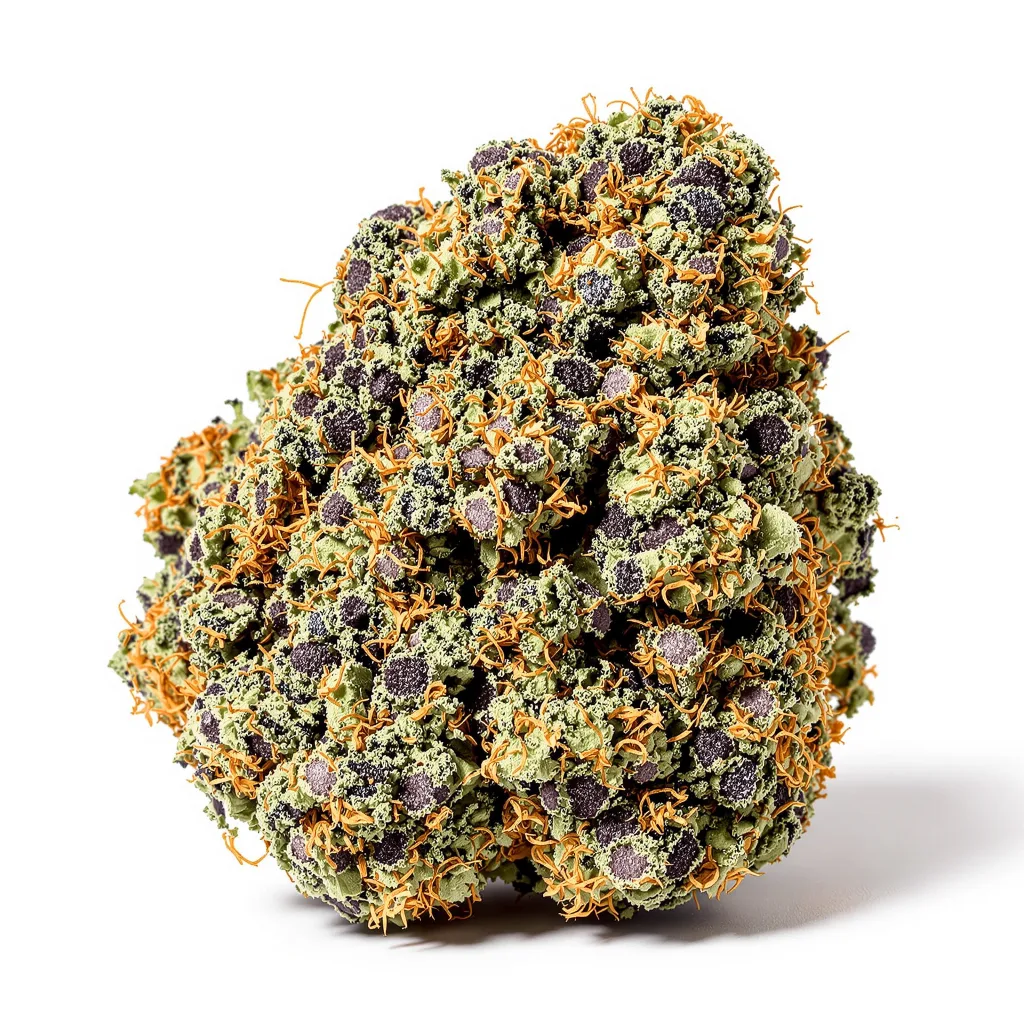 Grape God 70% indica / 30% sativa — fleur avec trichomes visibles