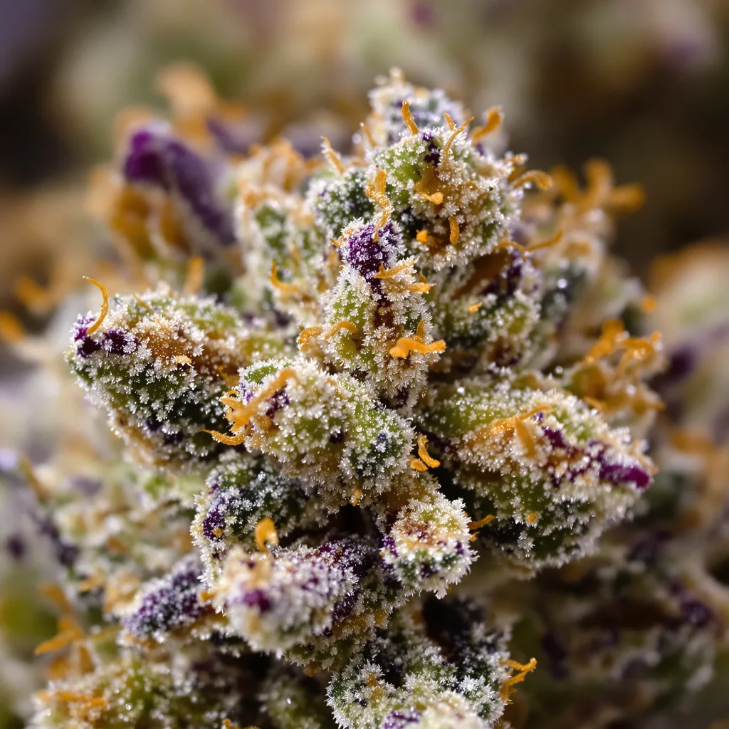 Gros plan de fleur de cannabis Grape Guava montrant structure équilibrée avec trichomes givrés