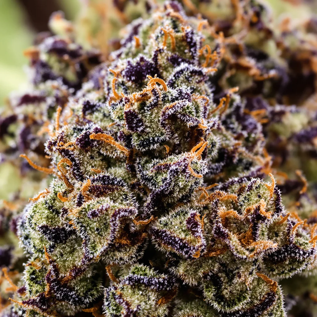 Gros plan de fleur de cannabis Grape Inferno montrant calices denses aux reflets violets