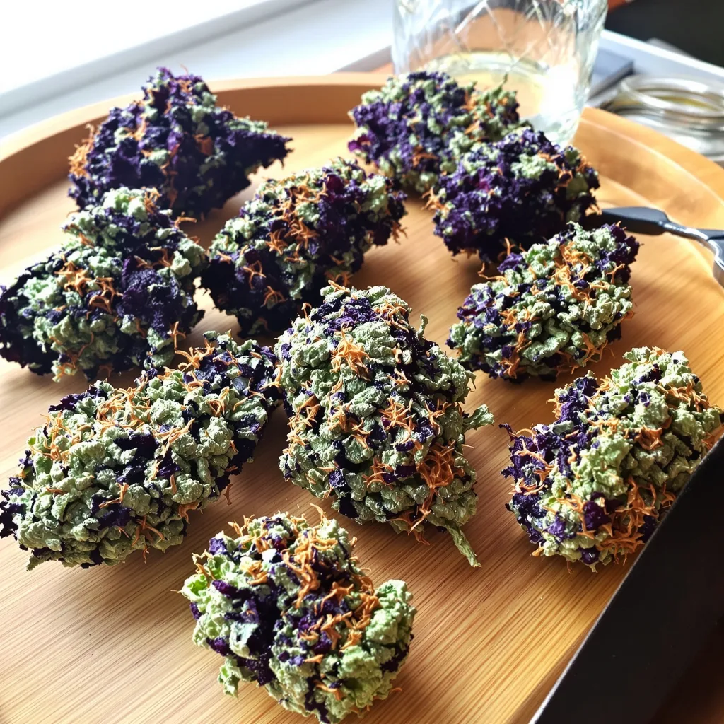 Grape Inferno 79% indica / 21% sativa — fleur avec trichomes visibles