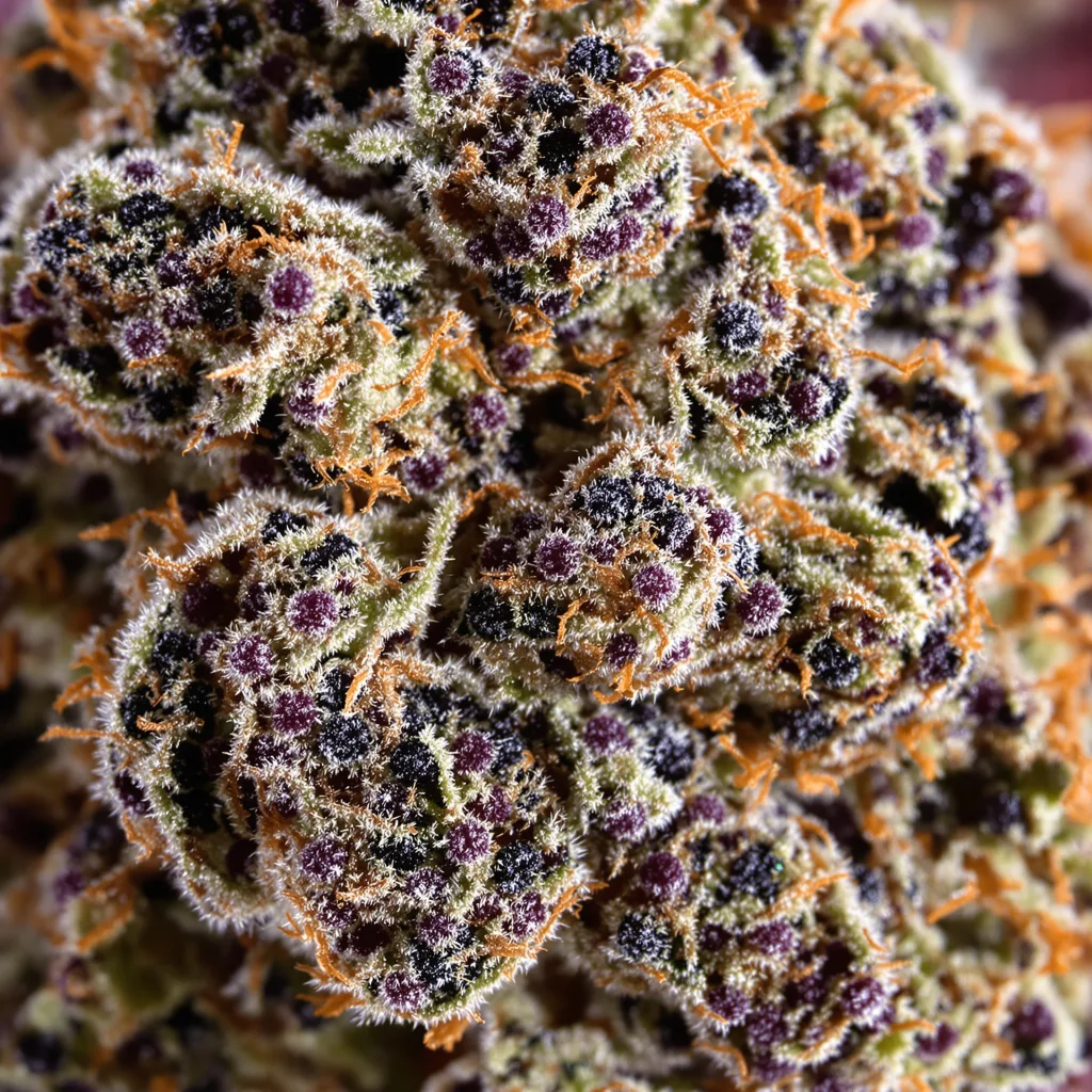 Gros plan de fleur de cannabis Grape Inferno montrant calices denses aux reflets violets