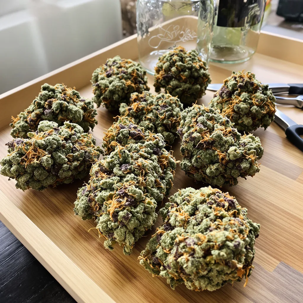 Grape Krush 60% indica / 40% sativa — fleur avec trichomes visibles