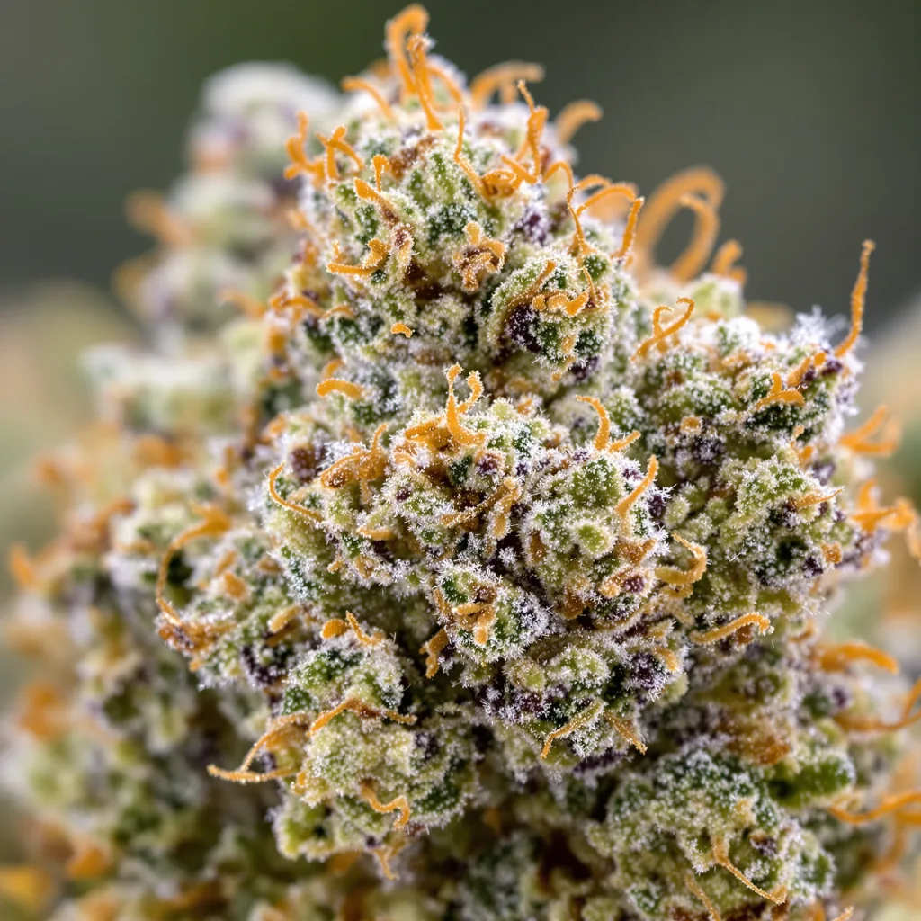 Gros plan de fleur de cannabis Grape Krush montrant nugs denses vert forêt