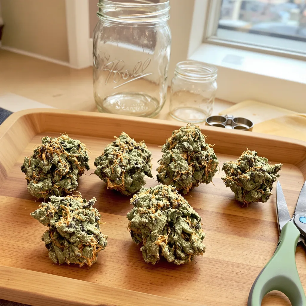 Grape Kush 40% indica / 60% sativa — fleur avec trichomes visibles
