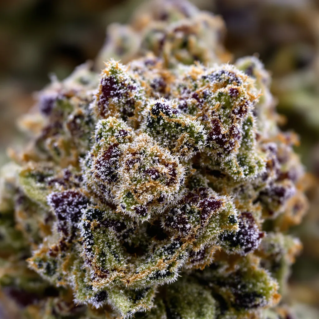 Gros plan de fleur de cannabis Grape Kush montrant structure ouverte avec pistils orangés