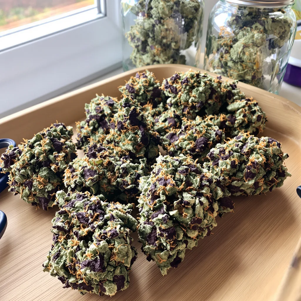 Grape OX 71% indica / 29% sativa — fleur avec trichomes visibles