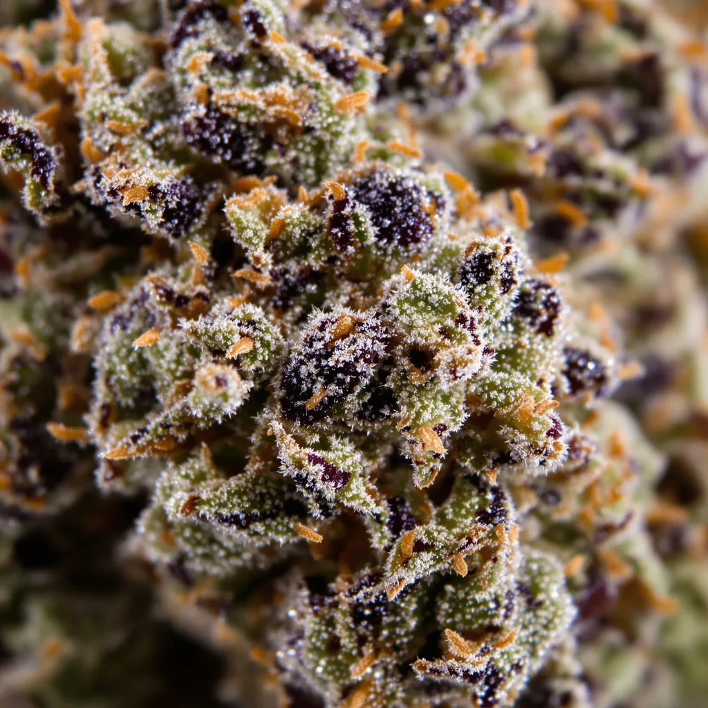 Gros plan de fleur de cannabis Grape OX montrant calices denses aux reflets violets
