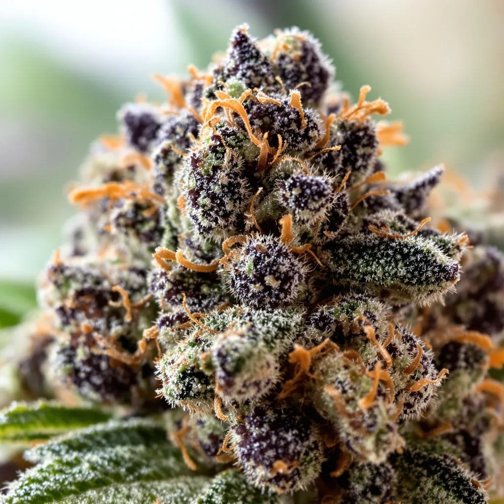 Gros plan de fleur de cannabis Grape Skunk montrant calices denses aux reflets violets