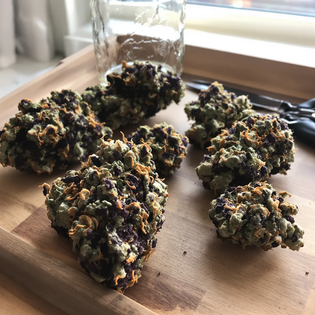 Grape Skunk 88% indica / 12% sativa — fleur avec trichomes visibles
