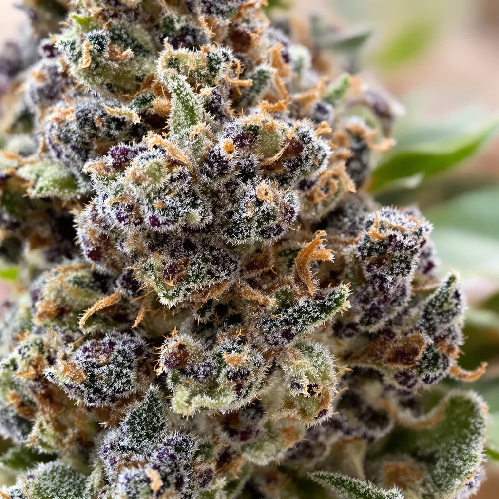 Gros plan de fleur de cannabis Grape Skunk montrant calices denses aux reflets violets