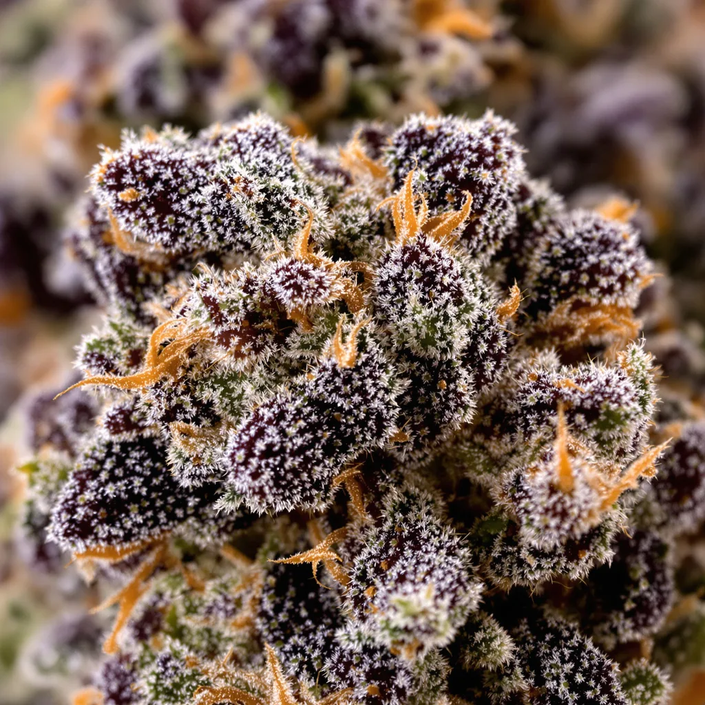 Gros plan de fleur de cannabis Grape Soda montrant calices denses aux reflets violets