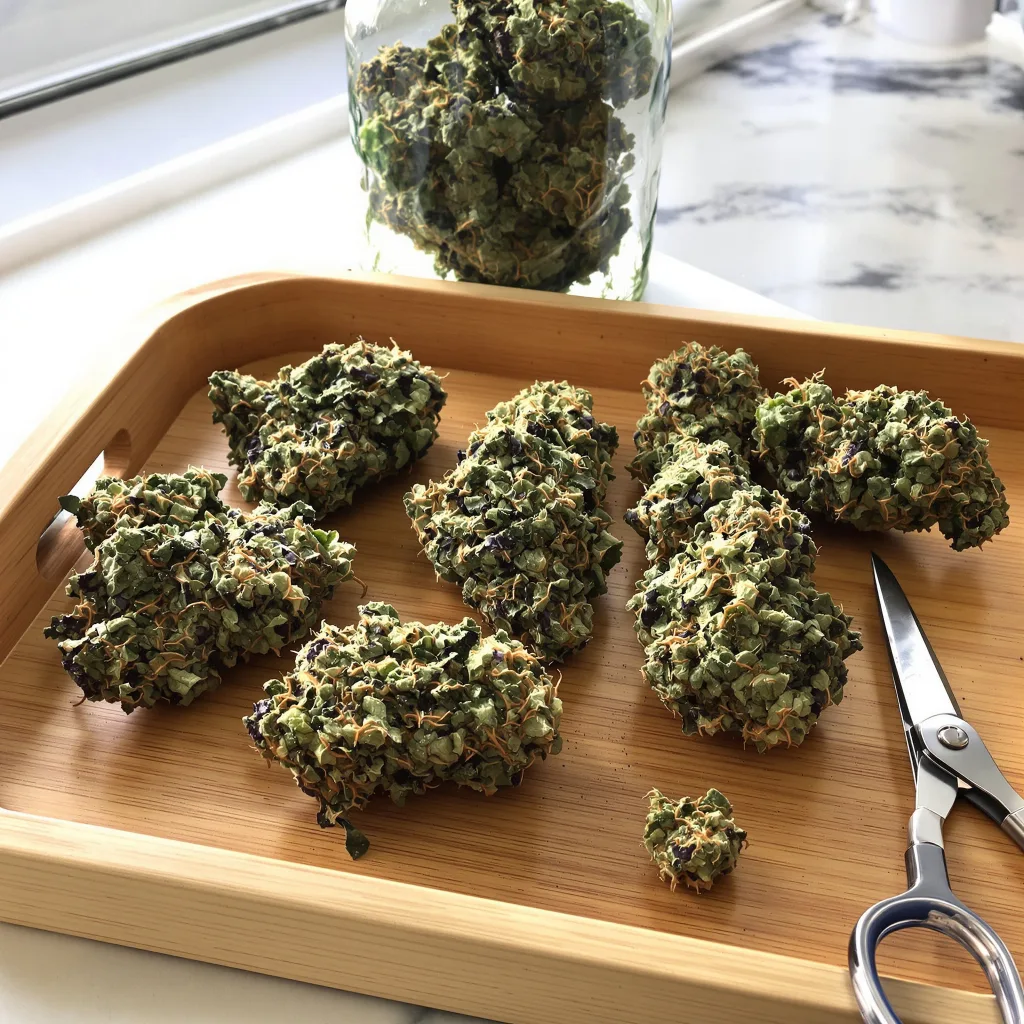 Grape Stomper 75% indica / 25% sativa — fleur avec trichomes visibles