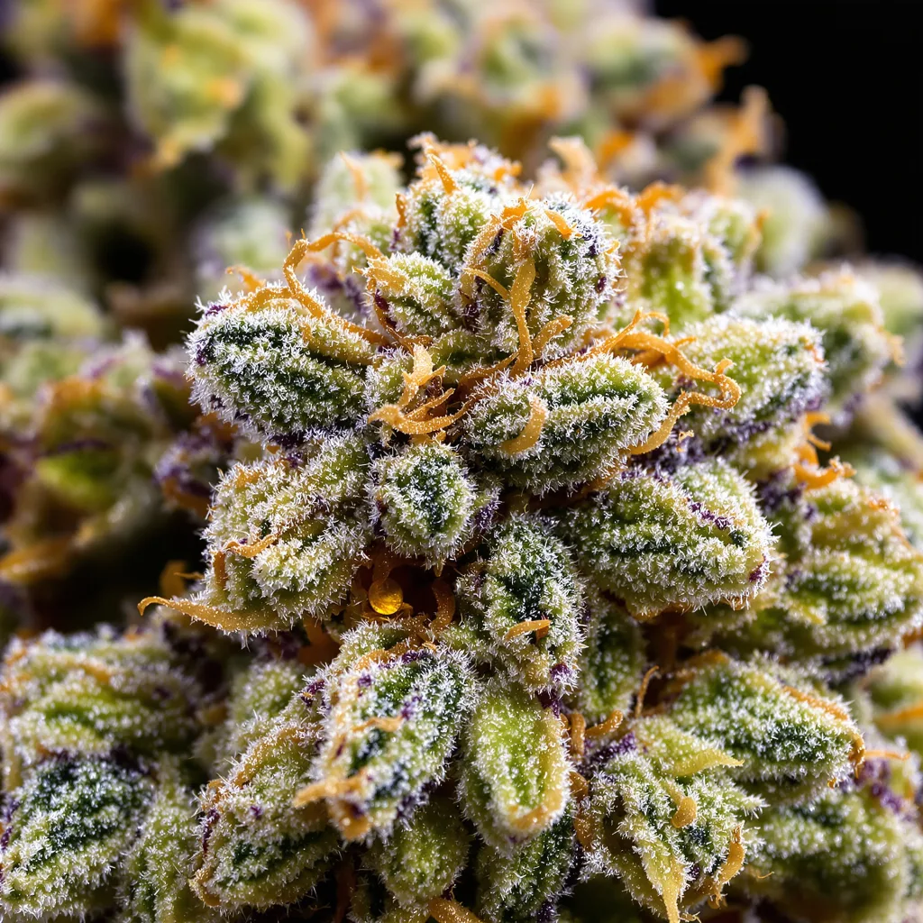 Gros plan de fleur de cannabis Grapefruit Diesel montrant nugs denses vert forêt
