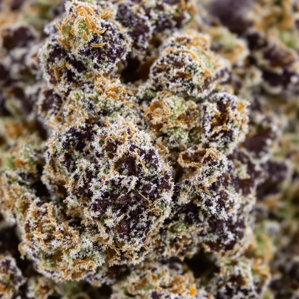 Gros plan de fleur de cannabis Grapefruit Kush montrant calices denses aux reflets violets