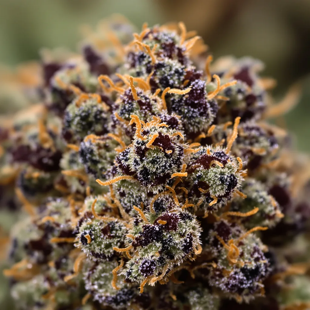 Gros plan de fleur de cannabis Gravity montrant calices denses aux reflets violets