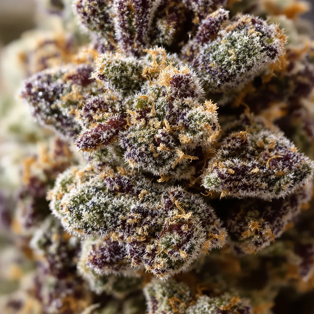 Gros plan de fleur de cannabis Gravity montrant calices denses aux reflets violets