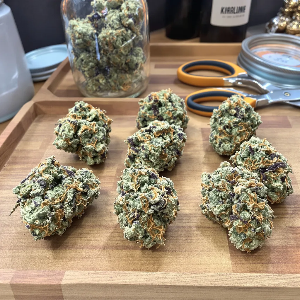 Grease Monkey 48% indica / 52% sativa — fleur avec trichomes visibles